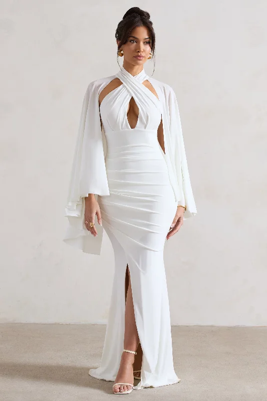 ladies-maxi-dress-fitted-fawn-Audrina | White Ruched Halter-Neck Split Maxi Dress With Cape