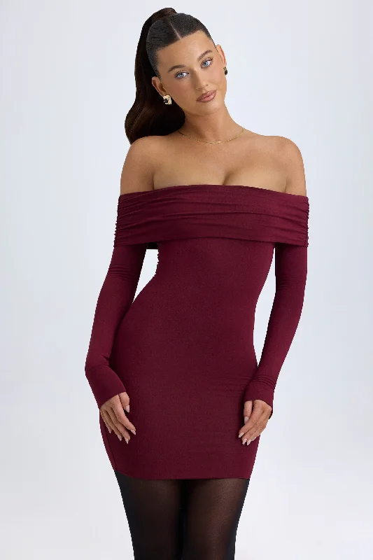 Women's mini dress free pop -Modal Off-Shoulder Mini Dress in Wine Red