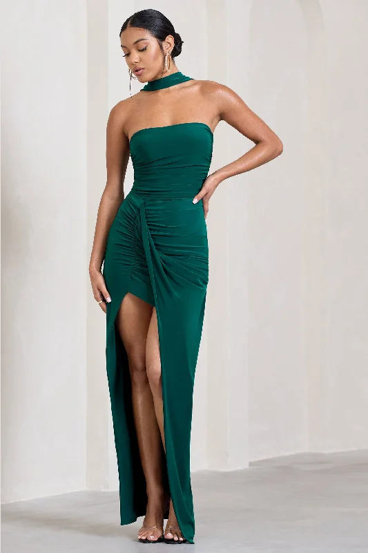 ladies-maxi-dress-70s-sunset-Paprika | Bottle Green Ruched Halter-Neck Bandeau Maxi Dress