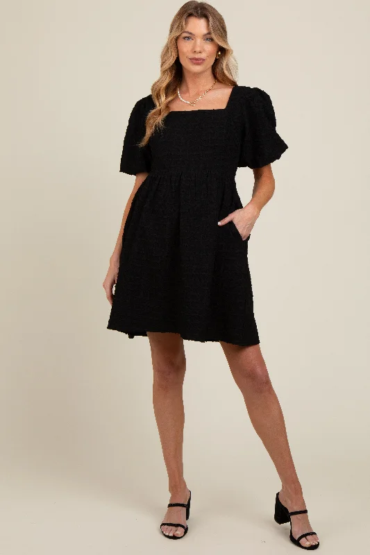 Women's mini dress bend glow -Black Textured Bubble Sleeve Maternity Mini Dress