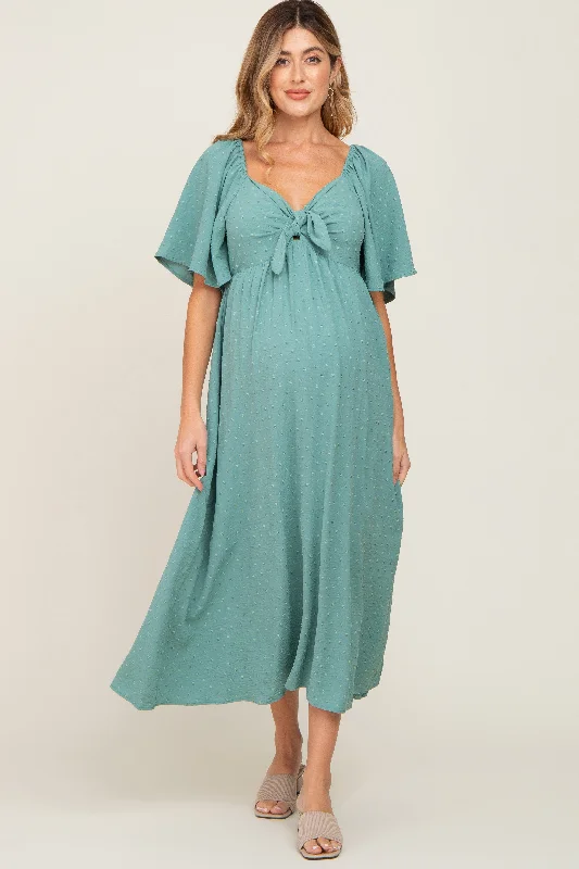 ladies-midi-dress-lemon-luxe-Sage Textured Dot Front Tie Ruffle Sleeve Maternity Midi Dress