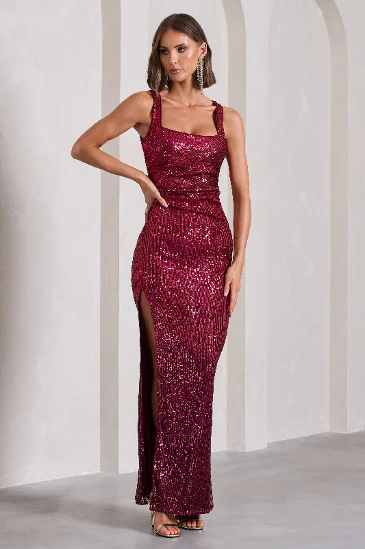 Women's bodycon dress amber pop -Yvonne | Plum Sequin Open-Back Bodycon Maxi Dress