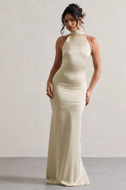 ladies-maxi-dress-swingy-silk-Adoria | Champagne Satin High-Neck Maxi Dress