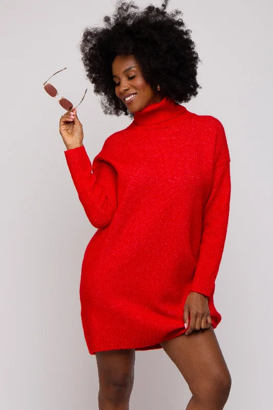 Women's mini dress chat flair -Red Turtleneck Sweater Mini Dress