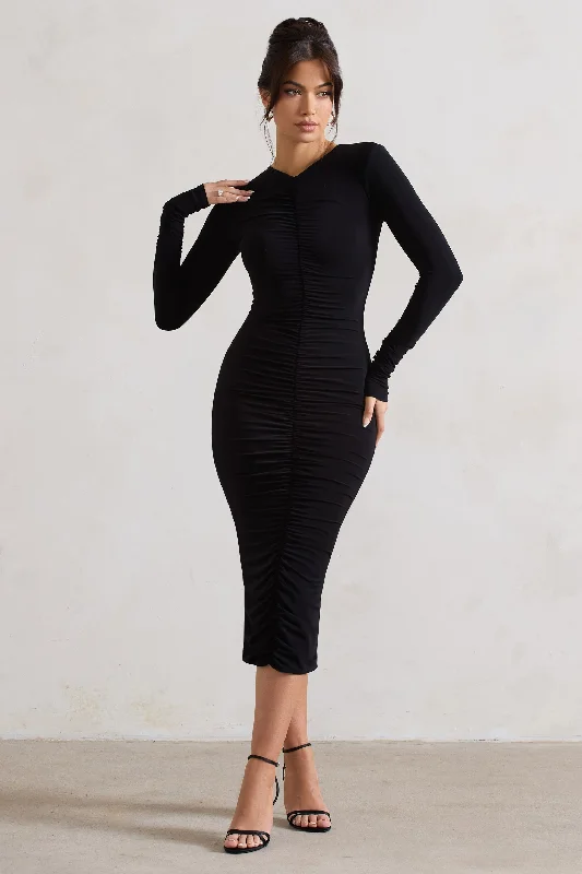 Women's bodycon dress cling chic -Monique | Black Ruched Bodycon Midi Dress