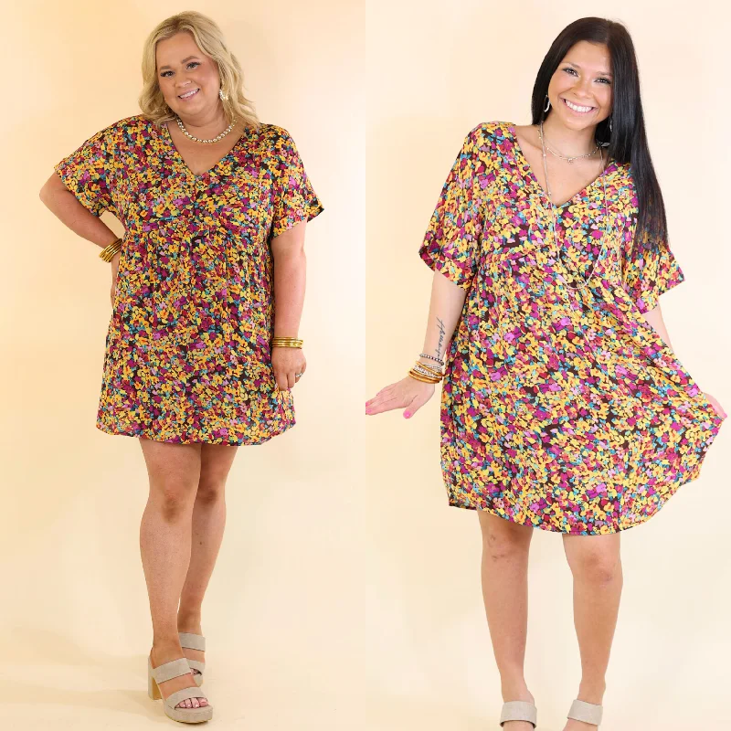 ladies-floral-dress-trendy-tulip-Fresh Blossoms Floral Print Babydoll Dress with V Neck in Brown