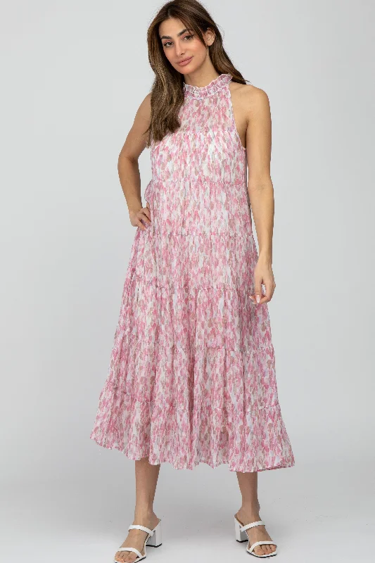 ladies-midi-dress-pearl-prance-Pink Printed Sleeveless Tiered Midi Dress