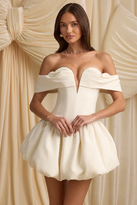 Women's mini dress petal flair -Off-Shoulder Layered Bubble Hem Corset Mini Dress in Ivory