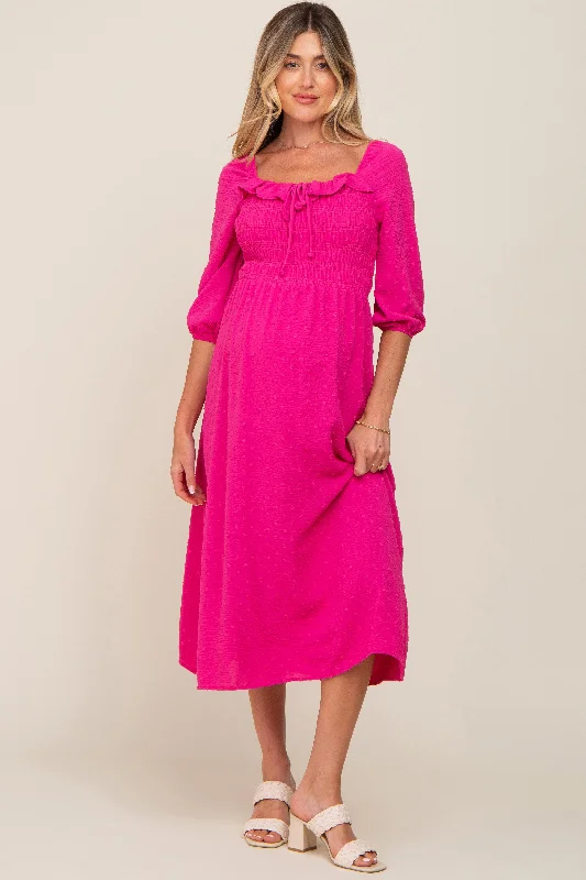 ladies-midi-dress-eco-essence-Fuchsia Swiss Dot 3/4 Sleeve Maternity Midi Dress