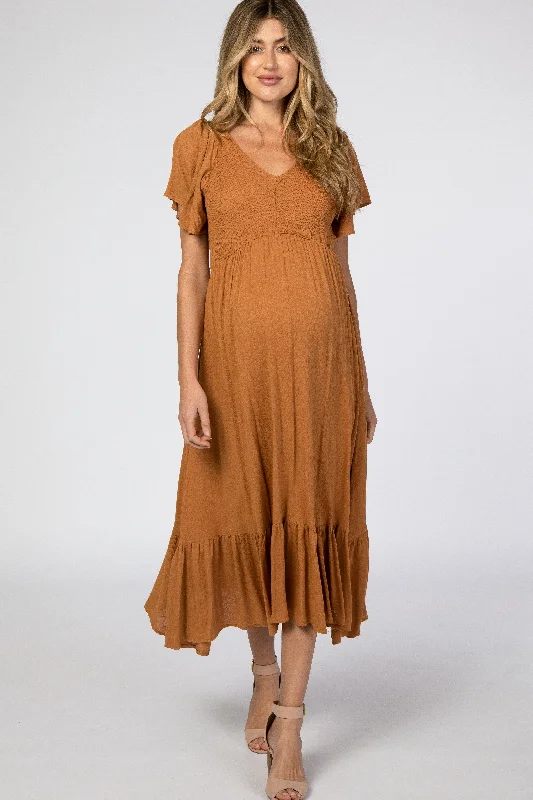 ladies-midi-dress-travel-twirl-Camel Smocked V-Neck Maternity Midi Dress