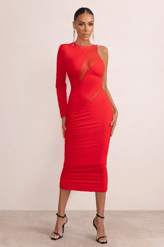 Women's bodycon dress bead glow -Marya | Red High Neck Asymmetric Mesh Detail Bodycon Midi Dress