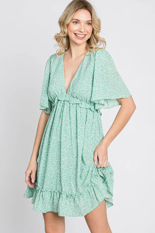 ladies-floral-dress-date-night-dawn-Mint Green Floral Ruffle Accent Cutout Dress