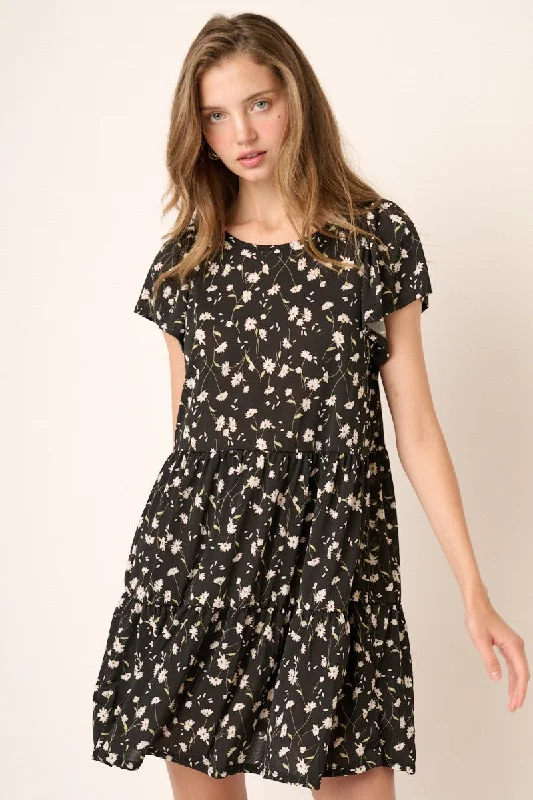 Women's mini dress sea pop -Black Daisy Flower Print Ruffle Detail Mini Dress