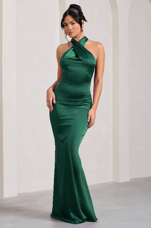 ladies-maxi-dress-maternity-muse-Unstoppable | Bottle Green Satin Cross Over Halterneck Maxi Dress