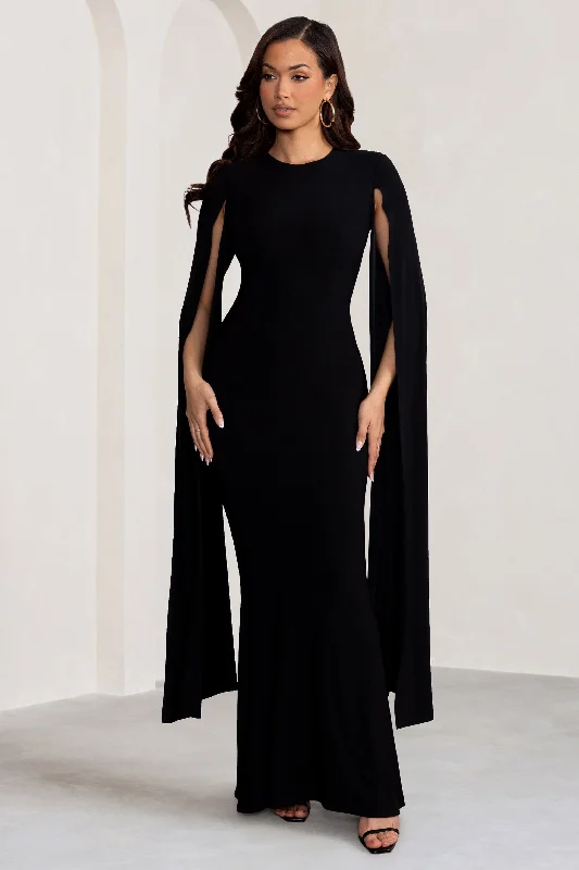 ladies-maxi-dress-eco-essence-Kimmy | Black High Neck Maxi Dress with Cape Sleeves