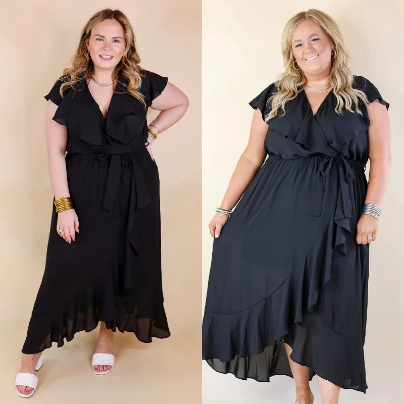 ladies-midi-dress-off-shoulder-elegance-Tranquil Touch Ruffle Midi Dress with Waist Tie in Black