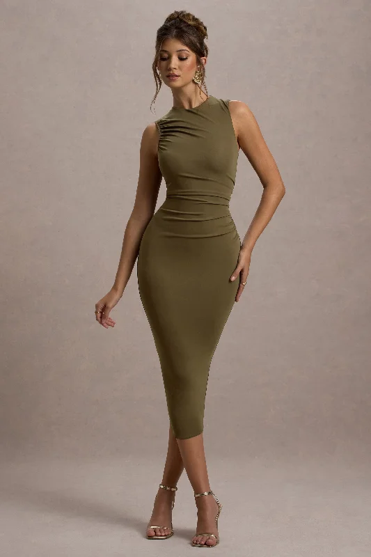 Women's bodycon dress grit glow -Jemma | Khaki Bodycon Ruched Midi Dress