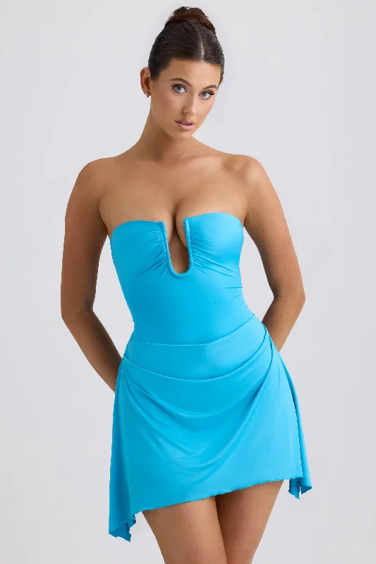 Women's mini dress feast pop -Slinky Jersey Draped A-Line Mini Dress in Aqua Blue