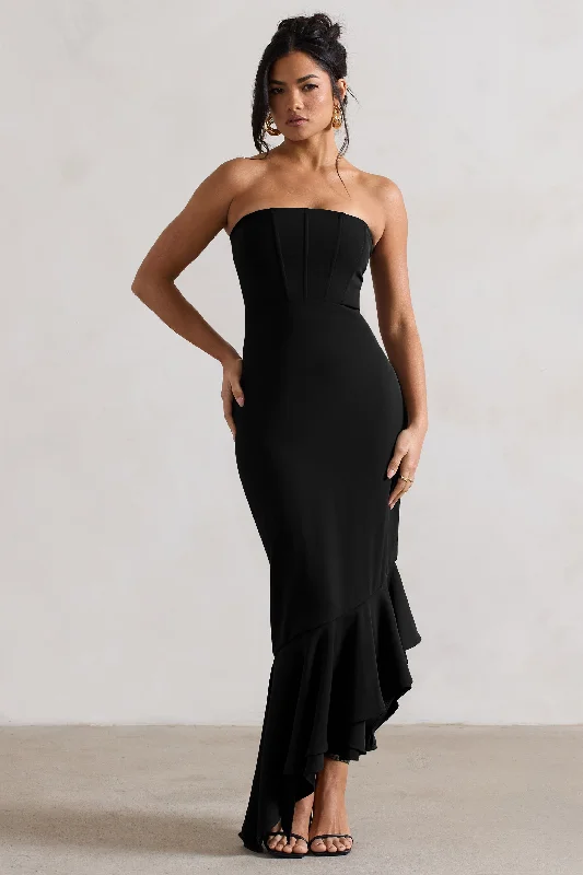 ladies-maxi-dress-trendy-twirl-Sandy | Black Strapless Corset Asymmetric Maxi Dress