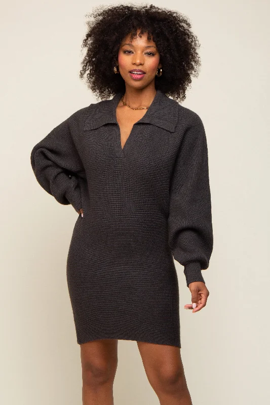 Women's mini dress egg pop -Charcoal Sweater Knit Mini Dress