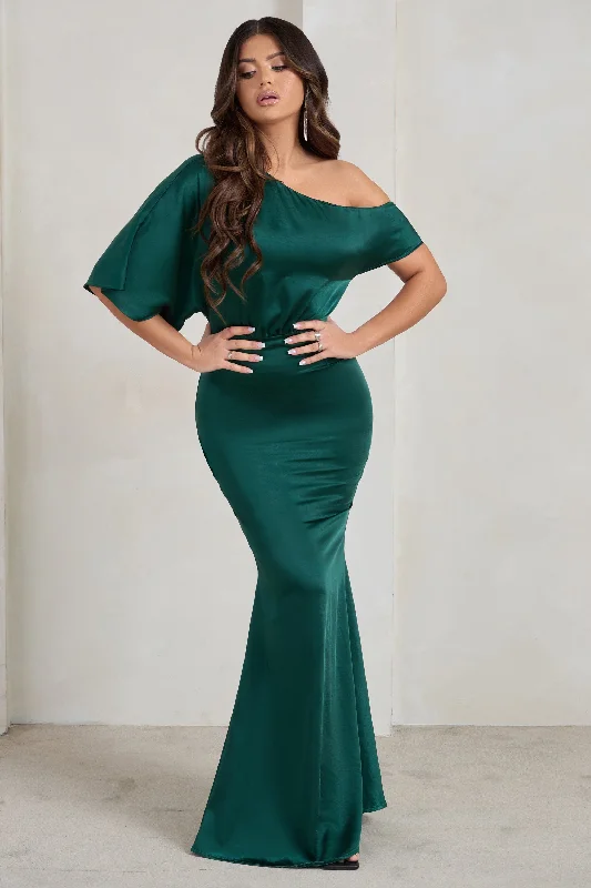 ladies-maxi-dress-soft-sheen-Sabrina | Bottle Green Asymmetric Off The Shoulder Satin Maxi Dress