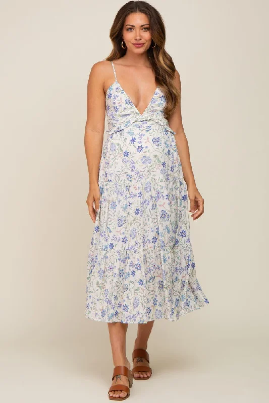 ladies-midi-dress-travel-trend-Blue Floral Tiered Maternity Midi Dress