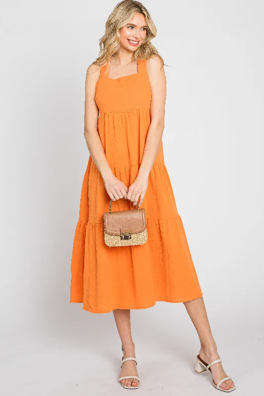 ladies-midi-dress-influencer-inspire-Neon Orange Tiered Crisscross Strap Midi Dress