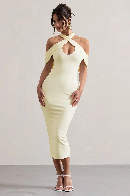 Women's bodycon dress cozy chic -Connect | Cream Bodycon Halter-Neck Midi Dress With Cut-Out