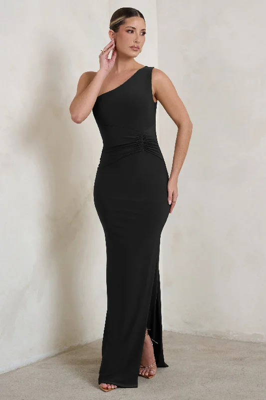 ladies-maxi-dress-cotton-cool-Kary | Black One Shoulder Thigh Split Maxi Dress