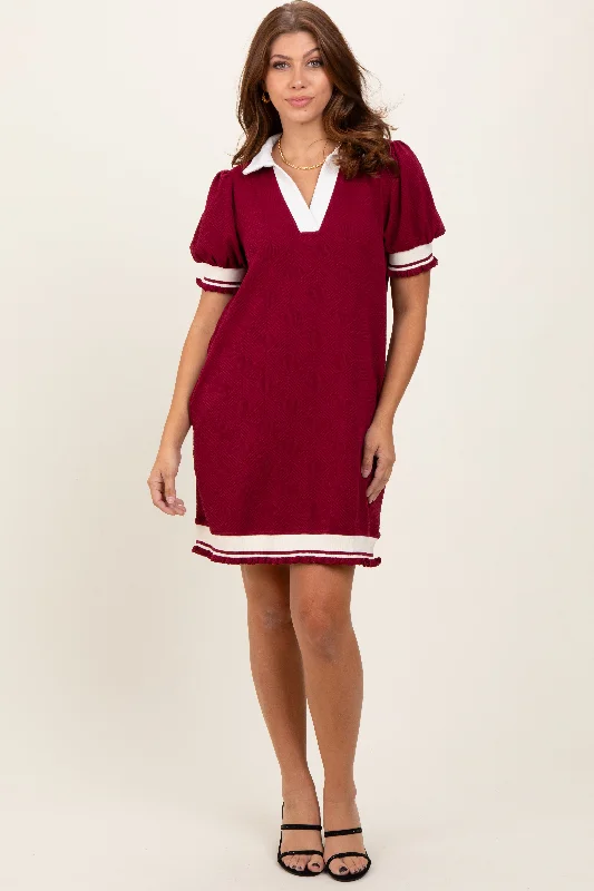 Women's mini dress last glow -Burgundy Knit Contrast Trim Collared Mini Dress