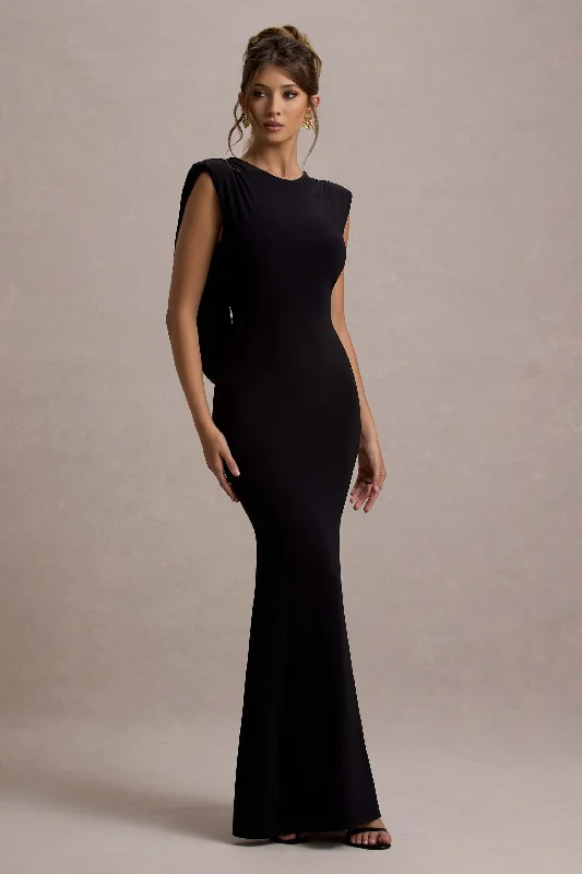 ladies-maxi-dress-gold-glow-To The Moon | Black Cowl-Back Maxi Dress