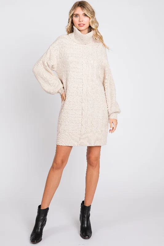 Women's mini dress night pop -Beige Cable Knit Mini Sweater Dress