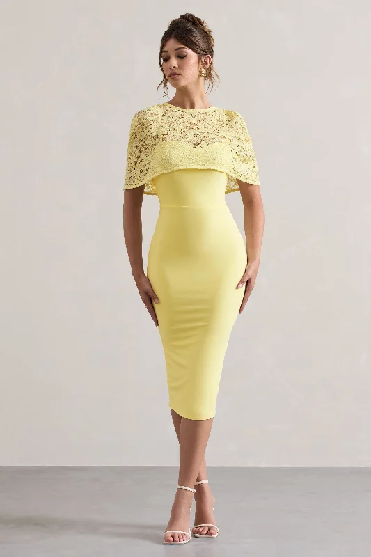 Women's bodycon dress bold pop -Claudette | Lemon Bodycon Midi Dress With Lace Overlay