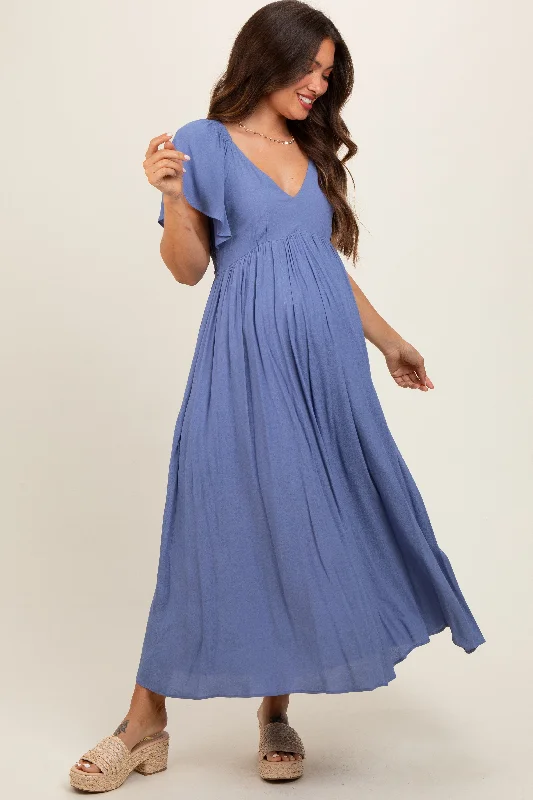 ladies-midi-dress-seasonal-sway-Blue V-Neck Flutter Short Sleeve Maternity Midi Dress