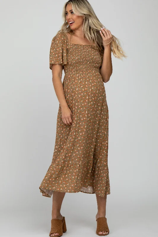 ladies-midi-dress-sweetheart-sweep-Camel Floral Smocked Square Neck Maternity Midi Dress