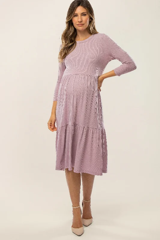 ladies-midi-dress-umber-undertone-Lavender Tiered Ribbed 3/4 Sleeve Maternity Midi Dress