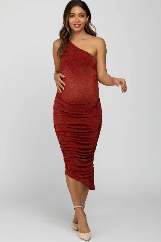 ladies-midi-dress-sky-sweep-Rust One Shoulder Ruched Side Maternity Midi Dress