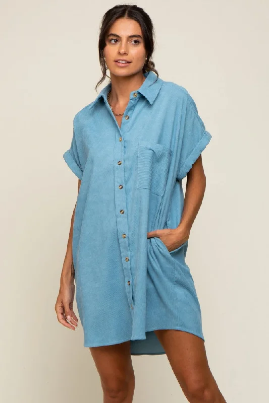 Women's mini dress sand flair -Light Blue Ribbed Button Down Mini Dress