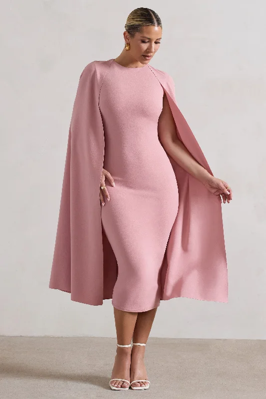 Women's bodycon dress steel glow -Rafaela | Blush Pink Bodycon Midi Dress With Cape Sleeves