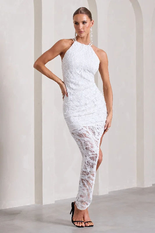 ladies-maxi-dress-puff-sleeve-poise-Caught My Eye | White Sequin Asymmetric Strappy Maxi Dress