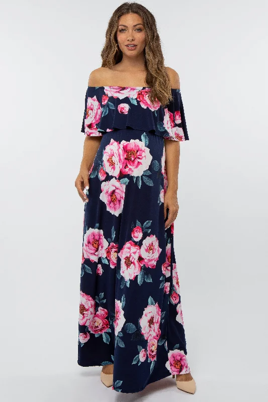 ladies-maxi-dress-viral-vibe-Navy Floral Off Shoulder Flounce Maternity Maxi Dress