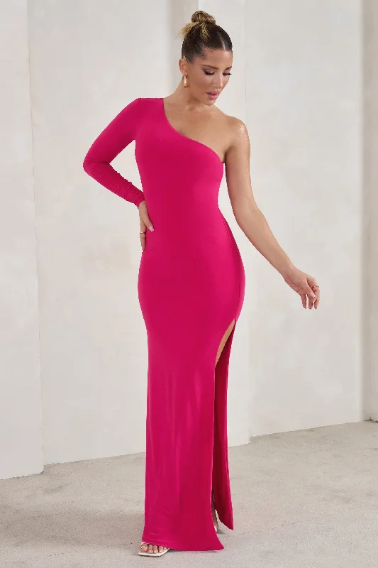 ladies-maxi-dress-tiered-tide-Melanie | Hot Pink One Shoulder Split Maxi Dress