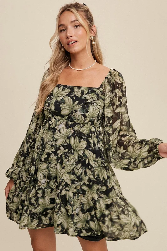 Women's mini dress bell flair -Light Green Leaf Print Square Neck Tiered Mini Dress