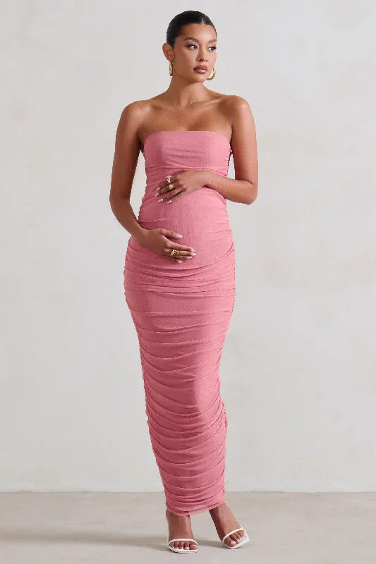 Women's bodycon dress drop chic -My Lady | Maternity Blush Pink Strapless Bodycon Ruched Mesh Maxi Dress