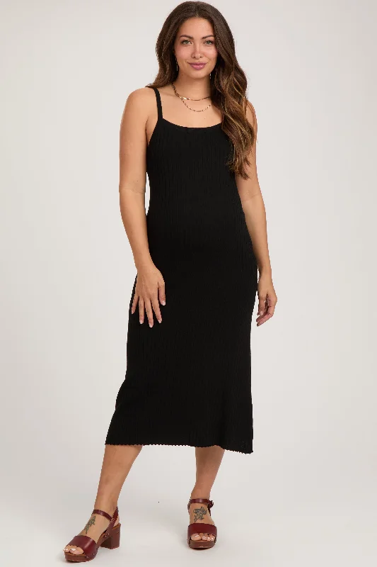 ladies-midi-dress-viral-vibe-Black Square Neck Ribbed Sleeveless Maternity Midi Dress