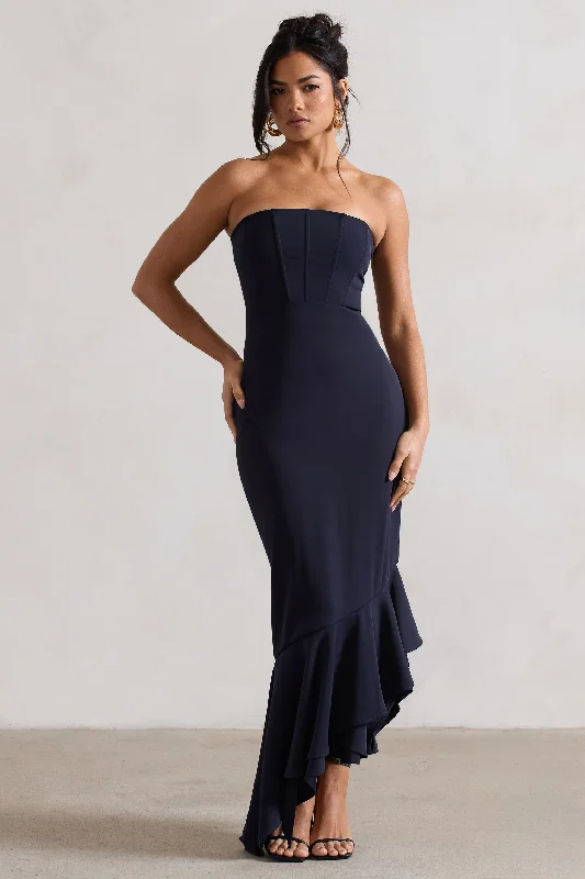 ladies-maxi-dress-pastel-prance-Sandy | Navy Strapless Corset Asymmetric Maxi Dress