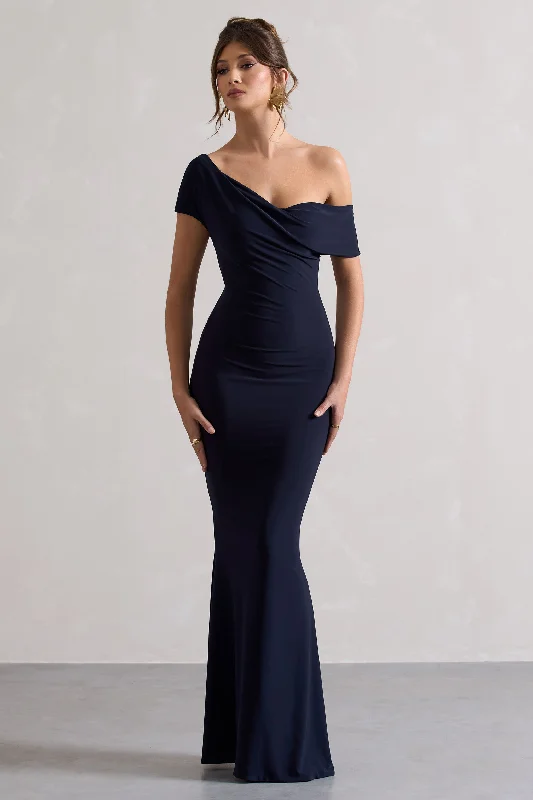 ladies-maxi-dress-blue-bloom-Avila | Navy Asymmetric Bardot Maxi Dress