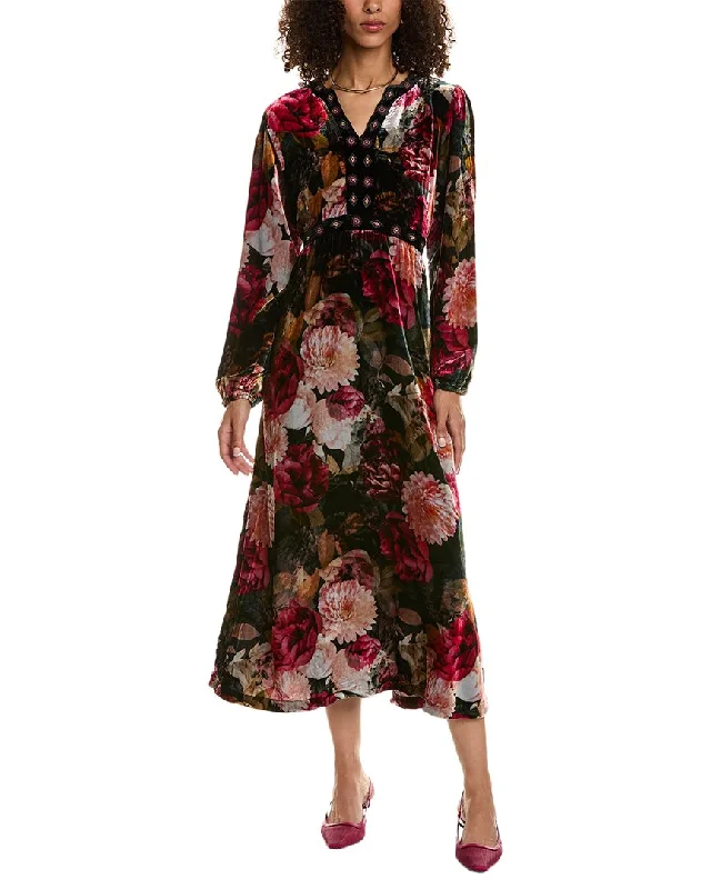 ladies-maxi-dress-relaxed-ripple-Johnny Was Rosa Velvet Front Notch Silk-Blend Maxi Dress