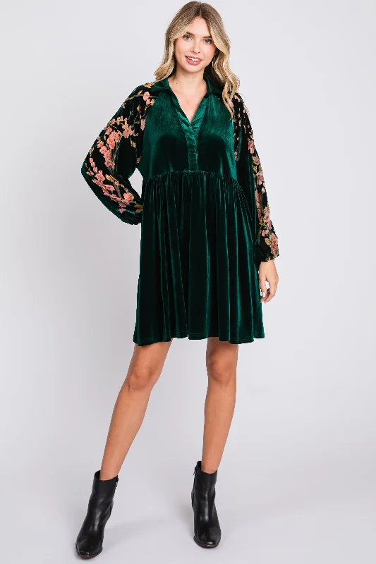 ladies-floral-dress-off-shoulder-rose-Forest Green Velvet Floral Long Sleeve Dress