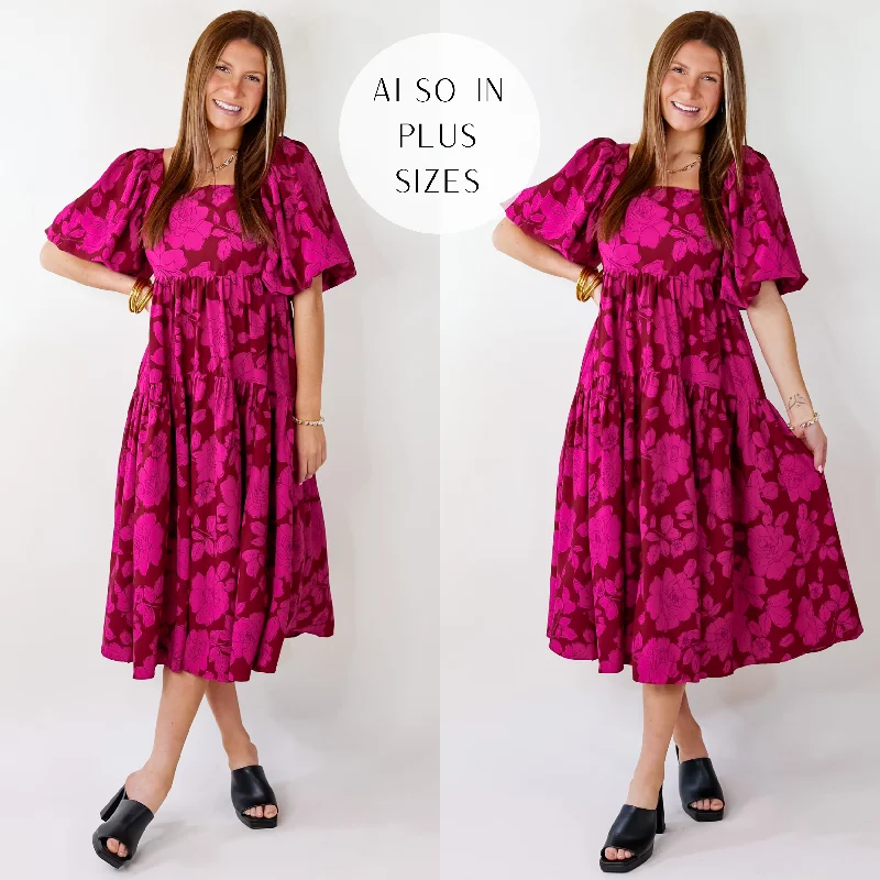 ladies-midi-dress-chiffon-cloud-Floral Fascination Tiered Midi Dress In Brick Red and Pink